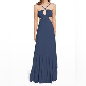 Nicole Miller Blue Ruffled Maxi Dress with Halter Neckline